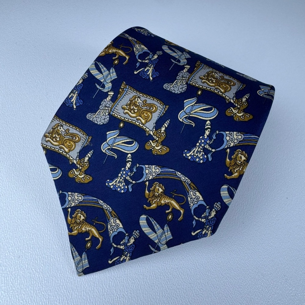 Salvatore Ferragamo Silk Necktie Mens Navy Blue Lion Equestrian Italy